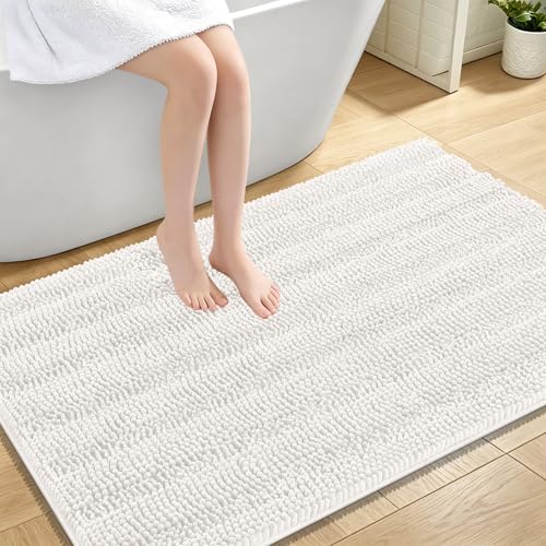 Image of OLANLY Thick Large Bathroom Rugs 47x32, Extra Soft Absorbent Chenille Striped Bath Rugs, Rubber Backing, Machine Wash Dry, Bath Mats for Bathroom Floor, Tub and Shower, Home Decor Accessories, Ivory
