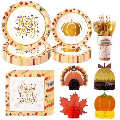 HOMDAILY 196 PCS Thanksgiving Plates and Napkins Dinnerware Sets, Thanksgiving Paper Disposable Plates for 24 Guests-Thanksgiving Plates, Napkins, Cups, Tableware, 4 Honeycomb Centerpieces Table Decor