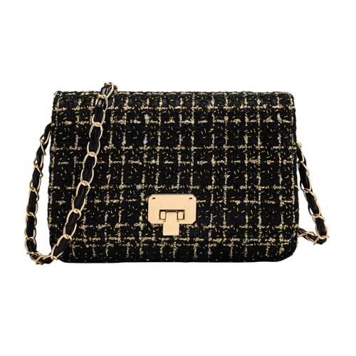 Blisfulady Women's Tweed Shoulder Handbag, Quilted Square Satchel, Chain Crossbody Bag, Evening Clutch Tote bag (BLACK)