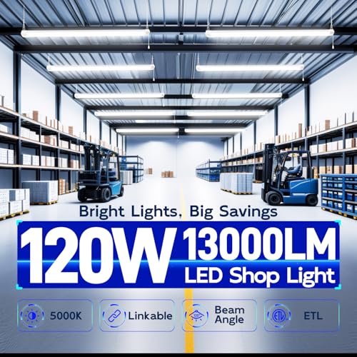 Image of hykolity 4FT 120W LED Shop Light Linkable, 13000lm(400w Equivalent), 5000K Utility Shop Lights for Garages, Workshops, Basements, Hanging or FlushMount, with Power Cord and Pull Chain, ETL, 2 Pack