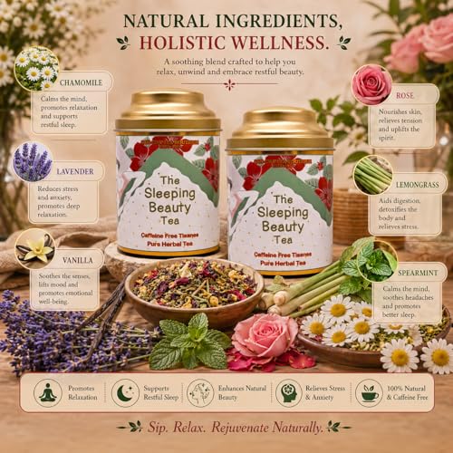 Image of Sancha Tea Boutique, Sleeping Beauty Tea, Caffeine Free Herbal Tisane for Sleep, Great for Bedtime, Blend of Vanilla /Rose /Lavender /Chamomile Flowers, 30g (Pack of 2)