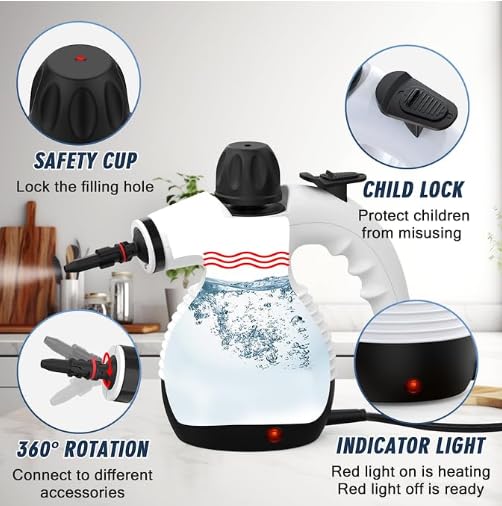 Image of Handheld Steam Cleaner, a versatile and portable home cleaning device, comes with a 10-piece accessory set. Effortlessly removes stubborn stains like dirt and grease, saving you time and effort.