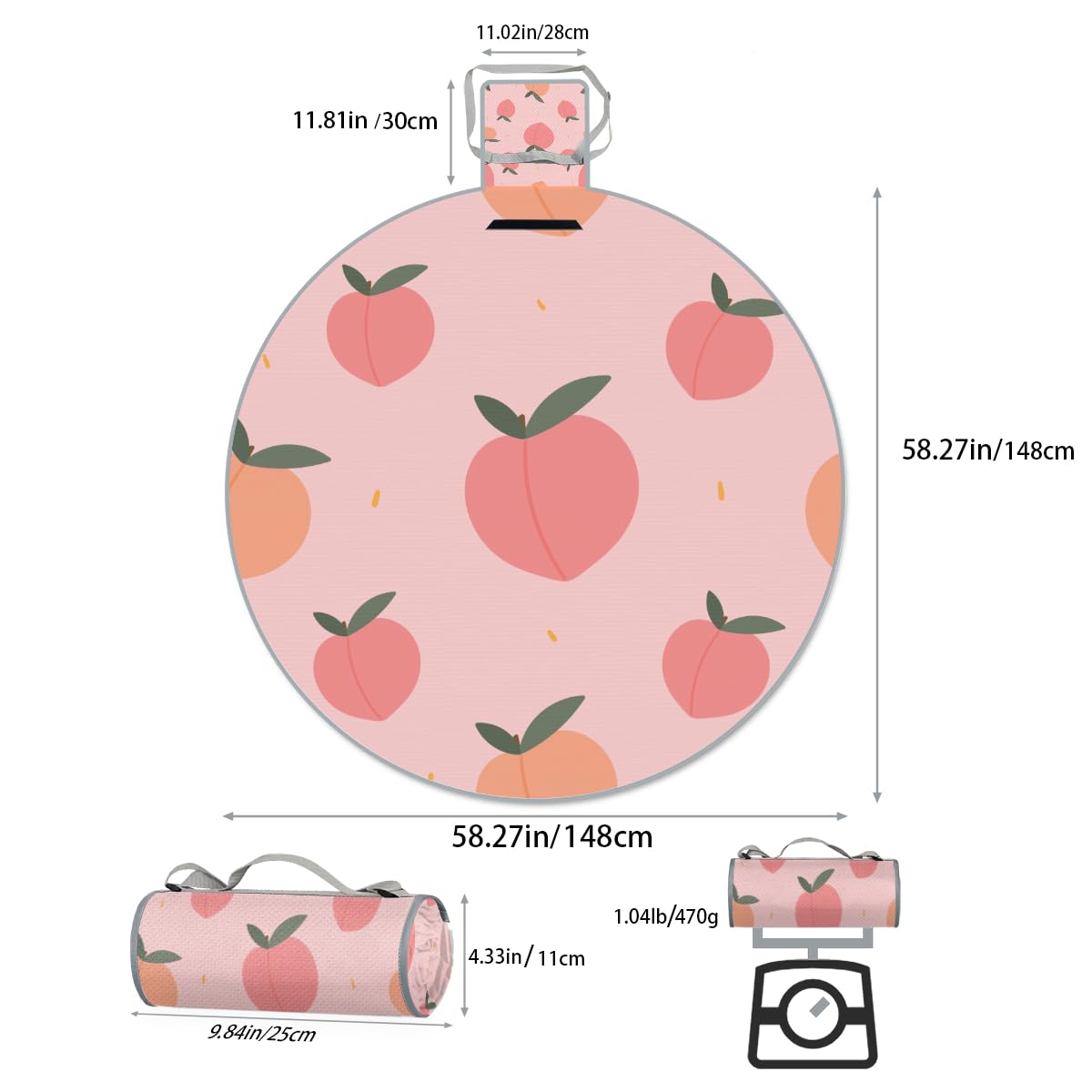 Shimoshe Pink Peach Print Picnic Outdoor Blanket Foldable Waterproof Sandproof Beach Blanket Portable Water-Resistant Round Picnic Mat for Travel Camping Park Lawn
