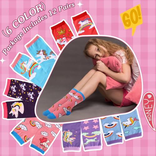 Cuffbow 12 Pairs Girls Unicorn Long Socks Kids Knee High Soft Cotton Socks for Girls 5-8 Years Soccer Cheerleaders Child Gift4