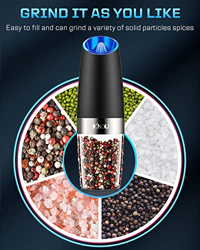 Xinxu Gravity Automatic Pepper And Salt Mill, Stainless Steel, Adjustable Coarseness With Blue Led Light, One Hand Operated, Come With Brush, Gift Ideal For Housewarming, Black #TOP4