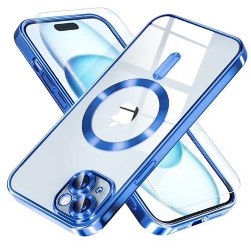 Image of Misea Magnetic for iPhone 15 Case Compatible with MagSafe | [Never Yellowing] [Military Drop Protection] Full Camera Lens Protector Plating Soft Clear Phone Case for Women, Deep Blue