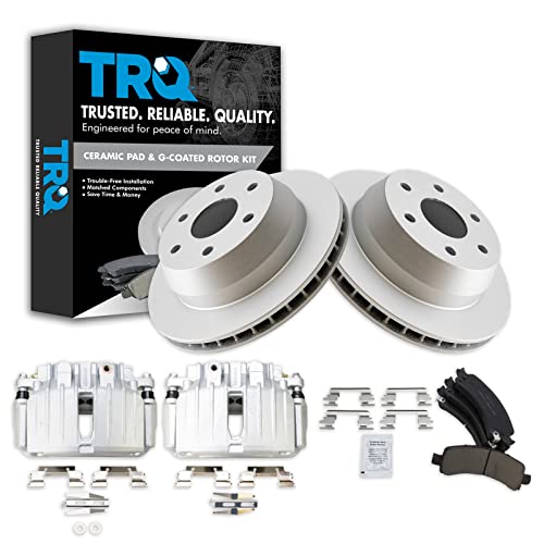 Image of TRQ Rear Brake Pad and Rotor Set Ceramic Coated Vented Rotors Calipers Compatible with 2002 Chevrolet Tahoe Suburban Avalanche 1500 GMC Yukon XL 1500 Yukon Cadillac Escalade