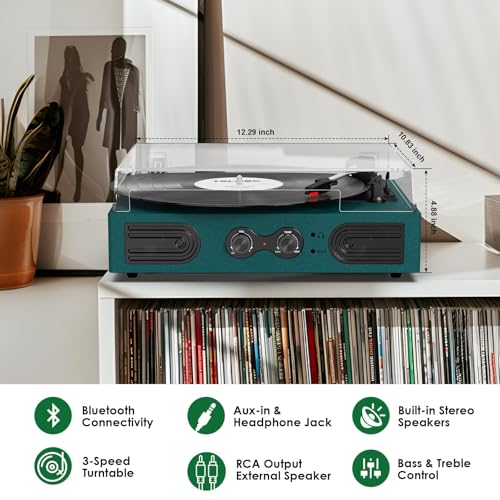 Image of Vinyl Record Player with Built-in Speakers 3-Speed Vintage Record Player Support Treble& Bass Control, 3.5mm Headphone Jack, RCA-Out /Aux in, Belt-Driven LP Turntable,Dark Green