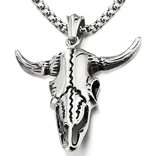 COOLSTEELANDBEYOND Stainless Steel Vintage Goat Bull Skull Pendant Necklace for Man, 30 inches Chain, Gothic Tribal