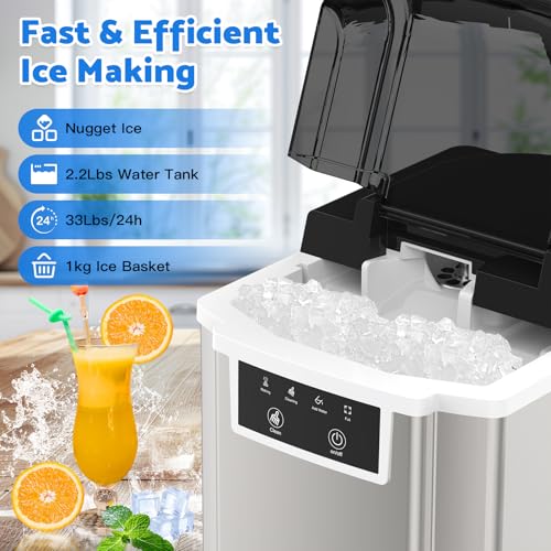 Image of Countertop Ice Makers Machine with Basket and Scoop, 38Lbs /24h Soft Chewable Pellet Ice, One-Click Operation, Nugget Ice Maker for Home, Kitchen, Camping, RV, Office and Party,Sliver