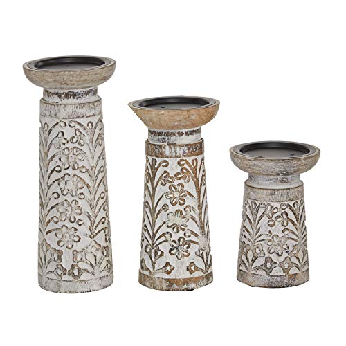Deco 79 Mango Wood Floral Handmade Carved Pillar Candle Holder, Set Of 3 10", 8", 6"H, Light Brown #TOP5