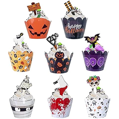 GEEORZO 48 Pieces Halloween Cupcake Toppers and Wrappers, Pumpkin Cupcake Decorations Supplies, Haunted House Cake Topper Picks for Halloween Party (24Pcs Toppers and 24Pcs Cupcake Wrappers) Cover