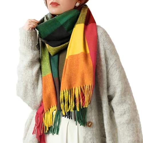 Chalier Fashion Damen Winter Schal Kariert übergroßer Quadratisch Deckenschal Karo Tartan Streifen Plaid Muster XXL Oversized Fransen Poncho, Mischfarbe