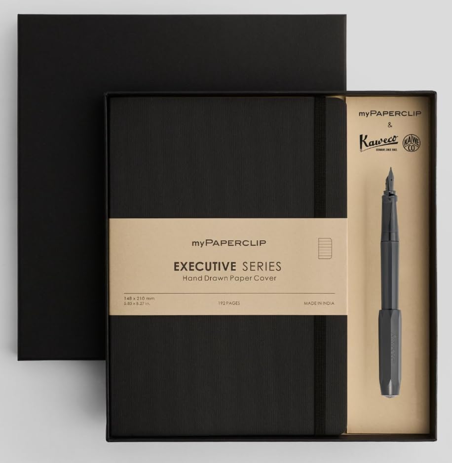 Image of myPAPERCLIP Executive Notebook & Kaweco Perkeo Fountain Pen Combo | Diary & Pen Gift Set | Premium Corporate, Office & Personal Gift | A5 Notebook, Fine Nib Pen | Black