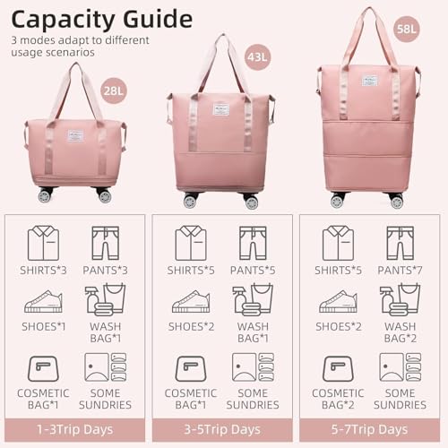 Image of Rolling Duffle Bag with Wheels, Expandable Foldable Travel Duffle Bag with Telescopic Handle, Portable Wheeled Luggage Bag for Travel, Lightweight Foldable Suitcase Bag for Men & Women (Pink)