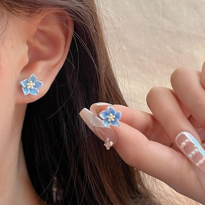 925 Sterling Silver Flower Stud Earrings for Women Teens Blue Flower Stud Earrings Hypoallergenic - Image 3