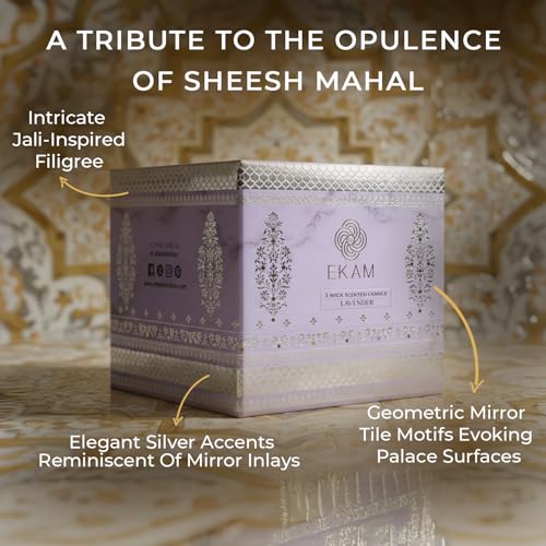 Image of EKAM 2025-26 Festive Fragrance Gift| Scented 3 Wick Candle| Lavender | Inspired by Sheesh Mahal | 28-Hour Burn | Essential Oil Infused | Gift Box for Festive Celebrations, Weddings, Giveaways, etc.