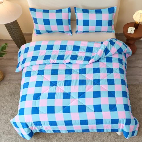 Image of Caressma Comforter Set Blue and Pink Checkered King Size, 3 Pieces Buffalo Grid Comforter Bedding Set, Geometric Checkered Bedding with Pillowshams