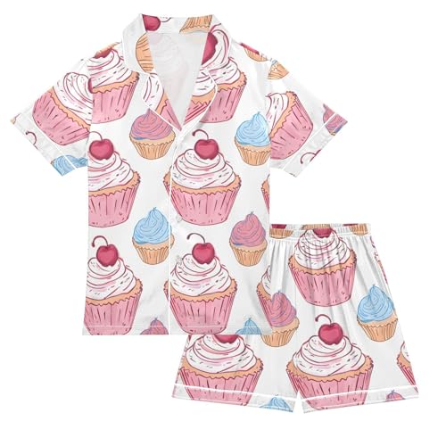 ALAZA Cupcake Cherry Fruit Stylish Pajamas Satin Pajama Set Short Sleeve Button Down Sleepwear