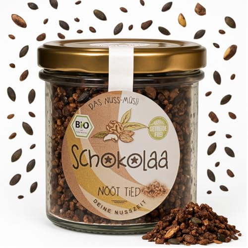 Nööt Tied - schokolaa BIO Müsli ohne Zucker | Knuspriges Schokoladen Müsli mit Nüssen & Saaten | Getreidefreies Low Carb Knuspermüsli | Premium Muesli | Protein Granola aus Deutschland (150 g)