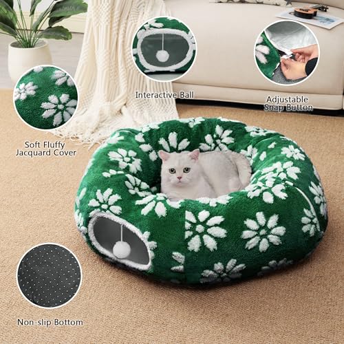 Image of Cat Tunnel for Indoor Cats, Cute Peekaboo Cat Cave with Dangling Balls, Pet Donut Tunnel Bed with Circle Mat for Puppy Kitten Rabbit, Green Flower