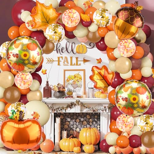 141Pcs Fall Confetti Balloons, Huge Pumpkin Maple Leaf Pine Nuts Aluminum Foil Balloon Orange Brown Helium Latex Balloon for Birthday, Baby Shower, Thanksgiving Friendsgiving Party Decoration Supplies