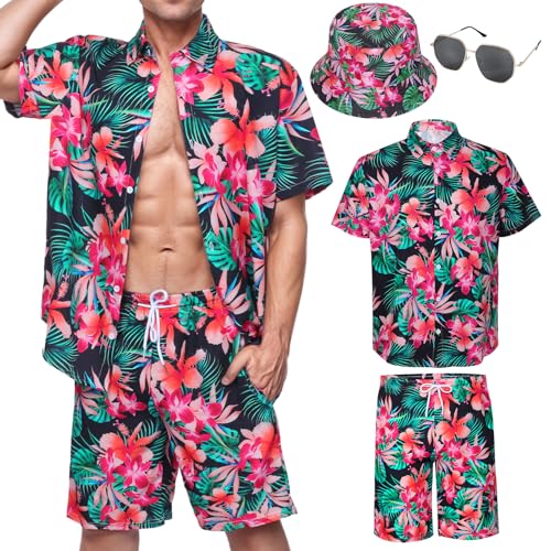 Marypaty Camisa Hawaiana Hombre Camisa de Playa Hawaiano Camisas Causal de Verano para Hombre Pantalones Cortos Conjunto Sombrero Gafas de para El Sol (FR/ES, Letras, XL, Regular, Regular, Estilo 1)