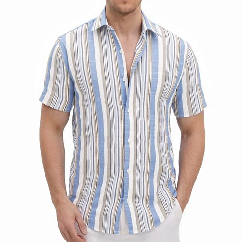 Mens Hawaiian Shirts Tops Short Sleeve Floral Button Down Beach Shirt Vintage Tropical Palm Summer Lightweight Blouses Male Blue White Stripes