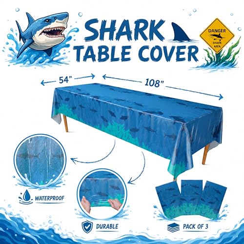 Image of Blue Orchards Shark Table Covers (Pack of 3) - 54 inch x 108 inch XL - Plastic Tablecloths for Birthday, Ocean Theme Decorations, Under the Sea Party Supplies, Sea Animal Party for Kids