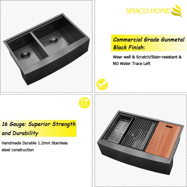 Image of SHACO Double Bowl 60 /40 Black Farmhouse Sink, 33x22 Inch Stainless Steel Apron Front Divided Double Basin Farmhouse Kitchen Sink, Gunmetal Black Farm Workstation Sink