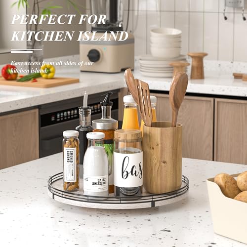 Image of 16 inch Lazy Susan Oak Wood Turntable Organizer for Cabinet, Farmhouse Round Lazy Susan Organization and Storage for Dining Table, Kitchen, Bathroom, Countertop, Cupboard, Kitchen Decor Whitewashed