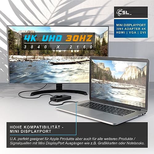 CSL - 4k 3in1 Mini Displayport 1.2 zu HDMI VGA oder DVI Adapter - 3840x2160 UHD 2160p 4k - kompatibel mit PC MAC APPLE ASUS Dell Google Lenovo HP Toshiba Video und Audio-Übertragung - schwarz Hochglanz