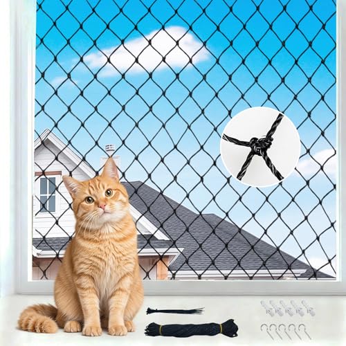 Red Gatos Terraza, Red para Gatos Reforzada con Alambre de Acero 2x3m, Robusta y Resistente al Desgarro, Resistente a la Intemperie, Malla para Gatos Balcón Incluye Accesorios de Instalación (Negro)