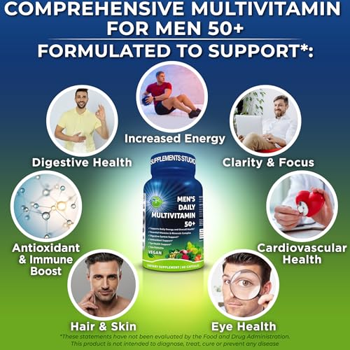 Image of Men's Daily Multivitamin 50 Plus - Vegan Methylated Multivitamin for Men 50 and Over - Saw Palmetto, Biotin, Organic Superfoods, Lutein - Eye, Energy, Gut, Health Support - Easy to Swallow Capsules