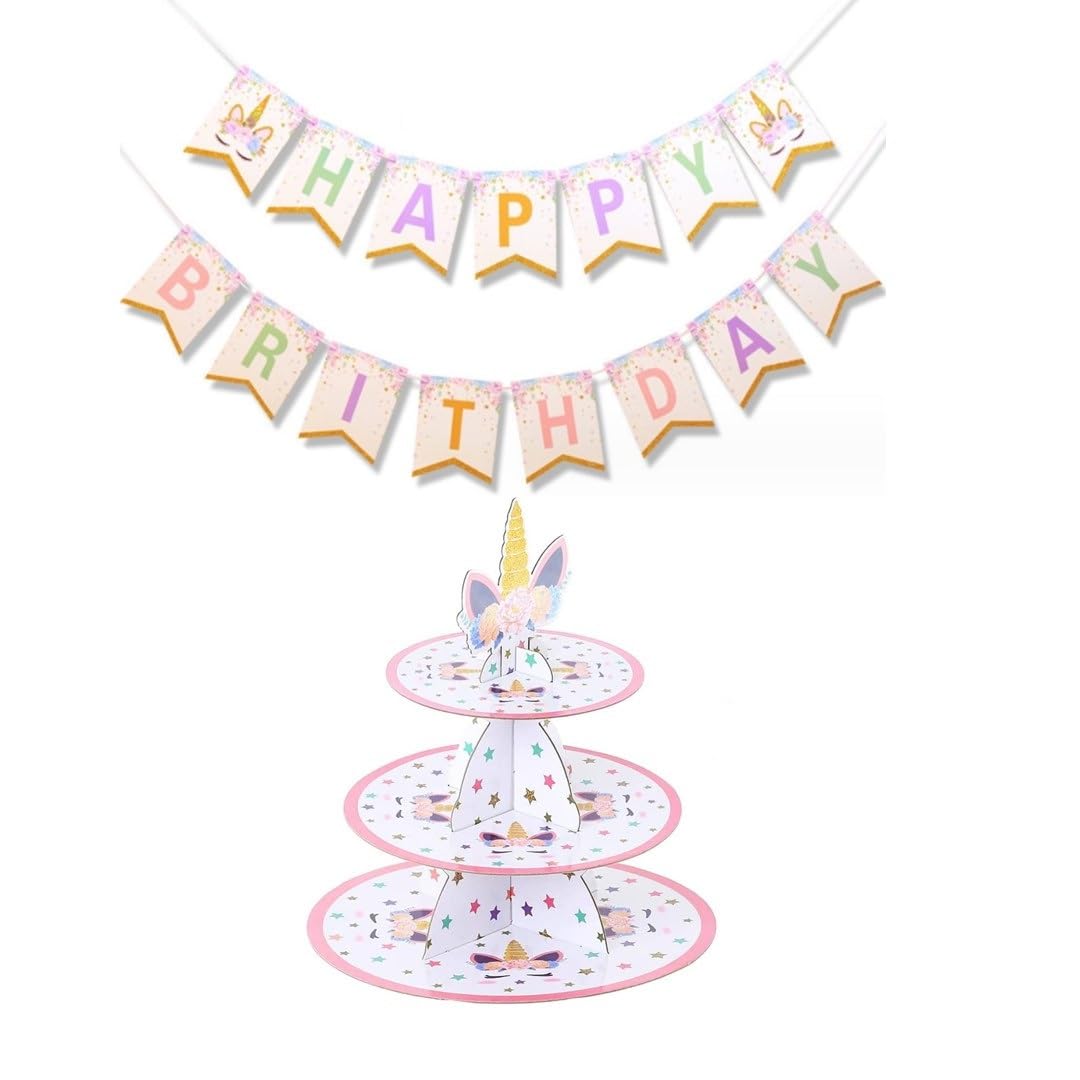 Unicorn Birthday Banner, Unicorn Birthday Decorations Including Unicorn Birthday Banner and Unicorn Cupcake Stand