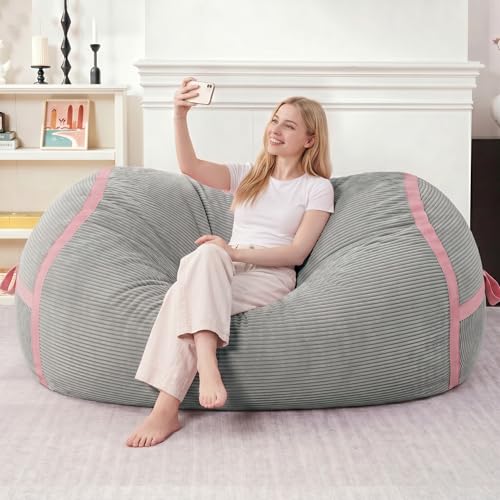 Image of 5FT Bean Bag Chair 5'Giant Bean Bag Chairs with Adults, Large Beanbag Chair | Bean bag Lounger with Machine Washable Cover Corduroy Fabric, Comfy Chairs for Living Room Bedroom Dorm, Lightgrey with Pink