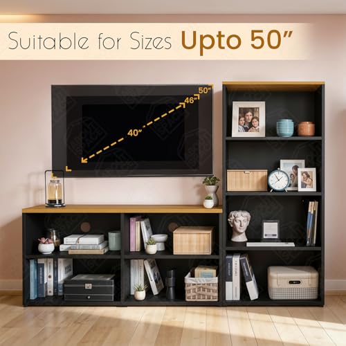 Image of ABOUT SPACE TV Unit - Engineered Wooden TV Stand 32 inch to 50 inch Table Cabinet with Bottom Storage, Side Rack, Cable Hole for WiFi Router Stand Console Table for Living Room, Bedroom (Black & CM Oak)