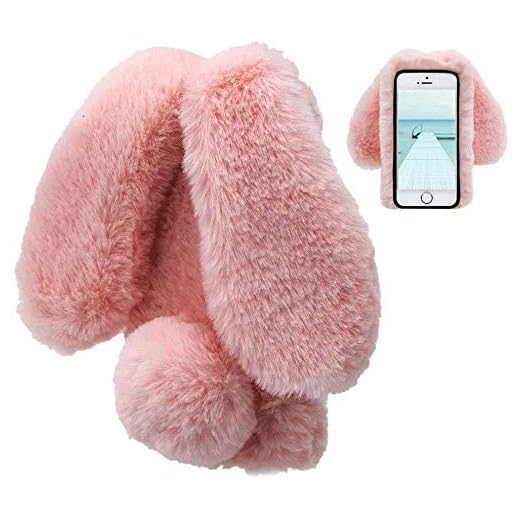 LCHDA Rabbit Case for iPhone SE 2nd Generation/iPhone 8/iPhone 7(4.7"), Bunny Ear Case for Girls Fuzzy Cute Warm Winter Soft Furry Fluffy Fur Hair Plush Protective TPU Bumper Skin Cover - Pink