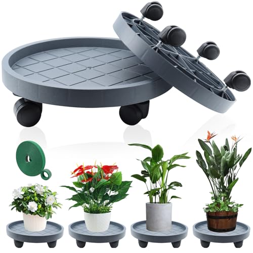 K KASONIC 40cm Pflanzentablett mit 4 Rollen, Tragkraft 100kg, 2 Stück Runde Rolluntersetzer für Innen- und Außenbereich, Inklusive 5m Reißbare Pflanzenbinder