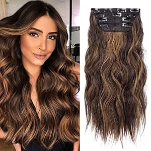 4Pcs Clip in Hair Extensions, 20 Inches Long Wavy Synthetic Brown Hair Extensions Clip in, for Women and Girls (Color: Dark Brown with Light Brown Highlights)