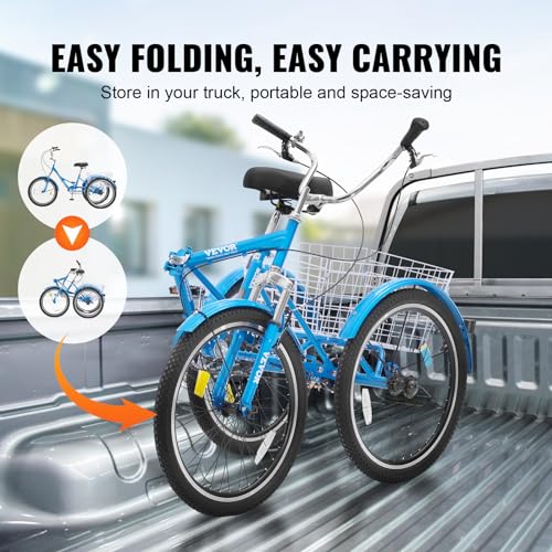 Image of VEVOR Folding Adult Tricycle,Adult Folding Trikes, 3 Wheel Cruiser Bike with Large Basket & Adjustable Seat, Shopping Picnic Foldable Tricycles for Women, Men, Seniors