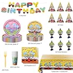 114 Pcs Yellow Birthday Party Supplies Kit - Decorations & Tableware Set Includes Banner, Tablecover, Plates, Napkins, Cups, Forks, Hats, Party Blowers for Themed Celebration Serve 20 - Image 3