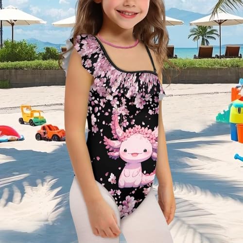 Cherry Blossoms Axolotl Girls Bathing Suits Size 5-6 Girls' One Piece Swimwear Summer Sports Bathing Suit Beach Back Cross Shoulder Strap Quick Dry Swim Suit Athletic Practice Swim Wear3