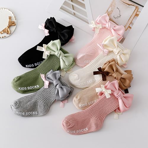 Toddler Socks, Child Dress Socks for Autumn Spring Stretchy Ribbon Bows Lace Up KneeHigh Sock NonSlip Stretchy Sock4
