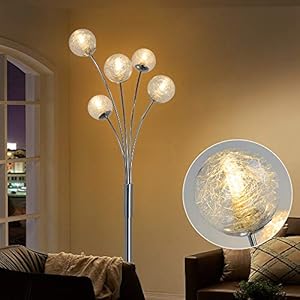 Depuley Lampadaire 5 LED Boule en Verre Avec Liseuse Flexible&Interrupteur de Pied Design Moderne, Lampe sur Pied Salon en Métal Argent, pour Chambre, salon, 177.5 cm (Ampoules G9 Non Inclus)