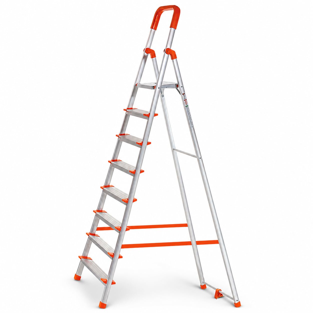 HOUZA Aluminium Ladder for Home 8 Steps Foldable with Anti-Skid Wide Steps | 8 Step Ladder for Home Use, Kitchen & Household | 250 Kg Load Capacity Folding Ladder | 5 Year Warranty (Orange)