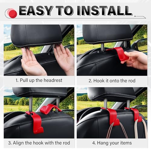 Image of SINGARO 4 Pack Car Seat Headrest Hooks, Vehicle Back Seat Hanger Storage Organizer for Purse Handbag Backpack Coat Grocery, 360 Rotating Heavy Duty Holds 44lbs, Red