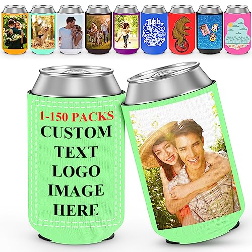 Custom Beer Can Cooler Sleeves Bulk Personalized Beer Sleeves Can Cooler Covers Foldable Insulated Beverage Bottle Holders with Logo Image Text for Wedding Birthday Party,1-150Pcs(Custom-12x9.5cm)