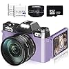 Digital Cameras for Photography, 4K 56MP Vlogging Camera 16X Digital Zoom Manual Focus Rechargeable Students Compact Camera with 52mm Wide-Angle & Macro Lens, 32G TF Card and 2 Batteries(Purple)