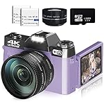 Digital Cameras for Photography, 4K 56MP Vlogging Camera 16X Digital Zoom Manual Focus Rechargeable Students Compact Camera with 52mm Wide-Angle & Macro Lens, 32G TF Card and 2 Batteries(Purple)